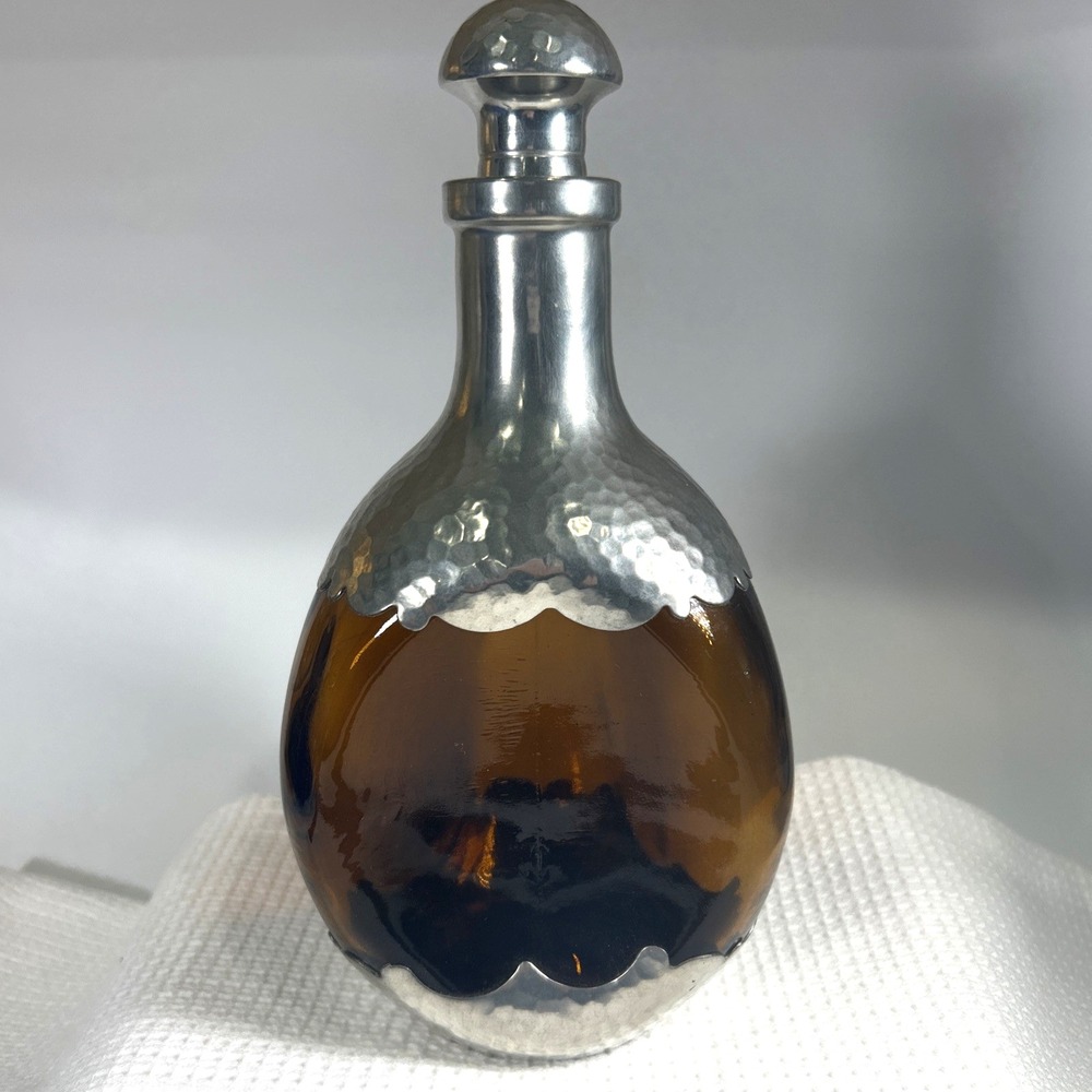 Vintage Royal Holland Pewter & Amber Glass Pinch Decanter c.1930